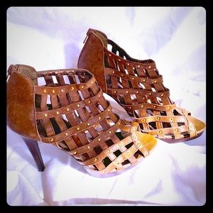 Brown leather cage booties with gold studs. Sz 10